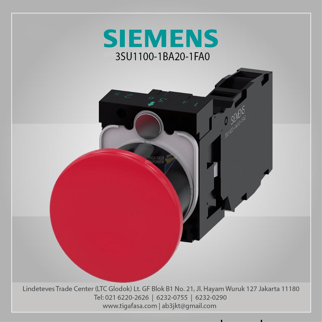 3SU1100-1BA20-1FA0 Mushroom pushbutton, 22 mm, Round, Plastic, Red, 40 mm 1NO + 1NC